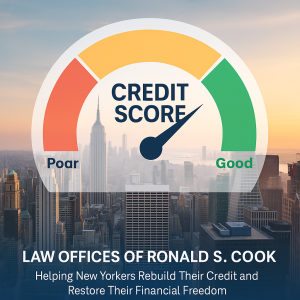 New York City skyline at sunrise with a credit score gauge improving from poor to good, symbolizing financial renewal and credit repair services by a New York credit repair lawyer.