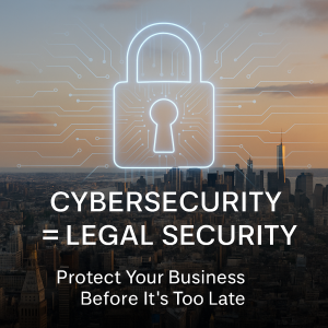 New York City skyline with glowing digital lock symbolizing cybersecurity and legal protection for businesses