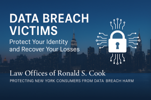 New York City skyline at dusk with a digital lock icon representing data security, used by a New York data breach lawyer to help victims protect their identity and recover losses.