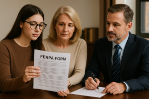 College student and parent reviewing FERPA form with New York education lawyer.