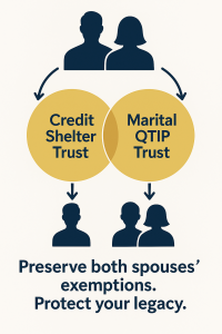 Infographic showing Credit Shelter Trust and Marital QTIP Trust structure for New York estate planning couples preserving both spouses’ exemptions