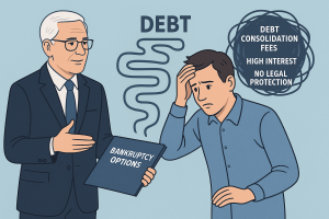 New York debt relief lawyer showing bankruptcy options to stressed consumer comparing bankruptcy to debt consolidation problems
