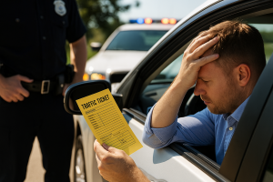 Driver stopped by police holding traffic ticket in New York, representing need for traffic lawyer