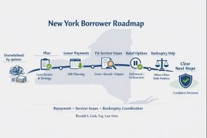 New York student loan borrower roadmap showing repayment planning, income-driven payments, servicer issue resolution, deferment, and bankruptcy coordination