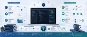 Open source compliance and governance review dashboard showing license compliance, contributor agreements, vulnerability disclosure, data privacy, governance documentation, and regulatory alignment