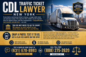 New York CDL traffic ticket lawyer graphic showing a commercial truck, court icon, and text about protecting a CDL license, avoiding court, and getting a flat-fee quote.