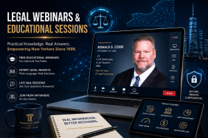 Attorney Ronald S. Cook presenting online legal webinars for New Yorkers on estate planning, bankruptcy, debt management, credit repair, tax strategies, and healthcare law.